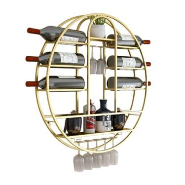 Imagem de Rack de vinho redondo de metal montado na parede, prateleiras de bar modernas montadas na parede com suporte de vidro, rack de exibição de armazenamento de vinho, prateleira de vinho de ferro com
