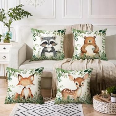 Imagem de LSMIAO Capas de almofada de animais da floresta, 45 x 45 cm, conjunto de 4, design decorativo de amigos da floresta com urso guaxinim raposa veado, 100% poliéster
