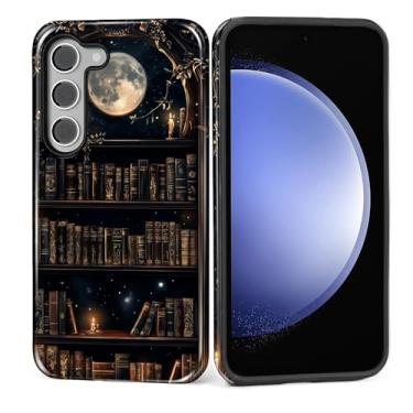 Imagem de MQJCYB Capa para Samsung Galaxy S23 Plus, híbrida, resistente, 2 em 1, resistente, à prova de choque, proteção brilhante para Samsung Galaxy S23 Plus Dark Gothic Bookshelf Moon
