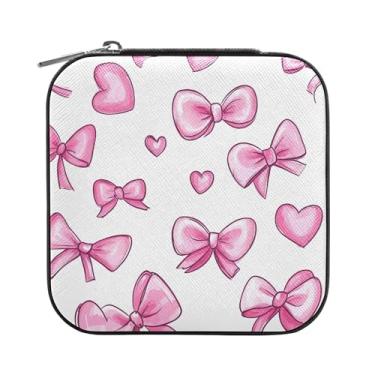 Imagem de SEHANY Caixa de joias personalizada com laço rosa para mulheres, meninas, mini estojo de joias de couro PU, organizador de joias de viagem, caixa de joias para brincos, anéis, colares, presentes para