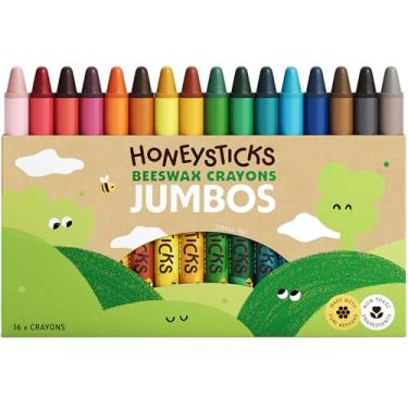 Imagem de Honeysticks Giz de cera jumbo (pacote com 16) - giz de cera de abelha não tóxico para crianças - 100% cera de abelha pura e cores de grau alimentício - 16 cores brilhantes - grande, fácil de segurar e