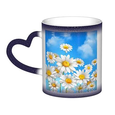 Imagem de Xícara de café divertida de flores de margarida da primavera, copo de cerâmica que muda de cor sensível ao calor 12 Oz, para café/chá/leite/cacau, para adolescente/aniversário/festival/presentes