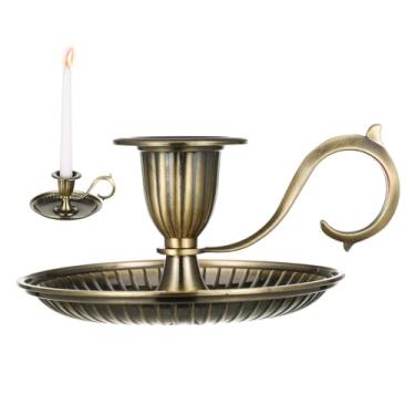 Imagem de iplusmile Castiçal de bronze com alça, castiçal de metal vintage, suporte de vela portátil retrô para decoração de casamento, Natal, Halloween, luz de emergência