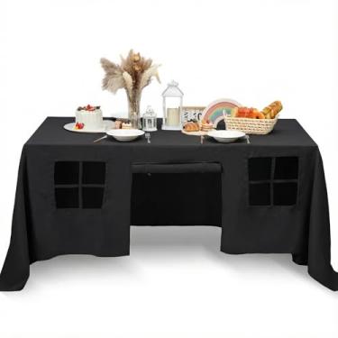 Imagem de Oudain Toalha de mesa grande de 3 m x 2,3 m de casinha de brinquedo, capa de barraca, casa de brinquedo para ambientes internos e externos, acessório para festa de aniversário, playground (cor preta