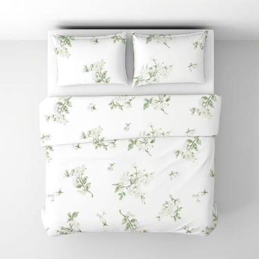 Imagem de Jogo de Cama Lençol Casal Branco com flores Verde 4 peças - Prime Home