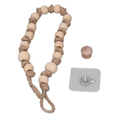 Imagem de Boho cortina tiebacks estilo boêmio durável corda de madeira ampla aplicação cortina holdbacks para cortina papel toalha (Corda de Juta com Contas de Madeira 55cm)