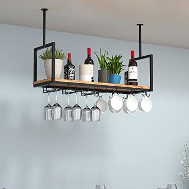 Imagem de APUM Prateleira de teto suspensa para vinho, rack de garrafa de teto de metal, suporte de armazenamento de vinho com prateleira de vidro de taças para embaixo do armário, cozinha, bar