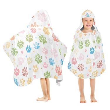 Imagem de Burbuja Toalha de banho com capuz com estampa de patas coloridas para crianças, toalha de praia de pelúcia macia absorvente para meninas e meninos 3-10 anos, 61 x 127 cm