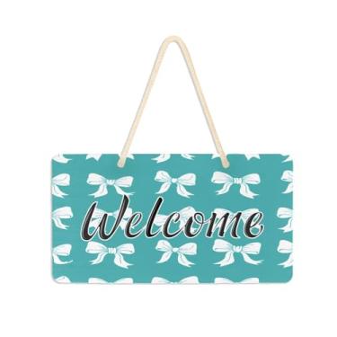 Imagem de Burbuja Placa de boas-vindas com laços em azul-petróleo para porta da frente, placa de boas-vindas de PVC para decoração de férias, 15 x 28 cm