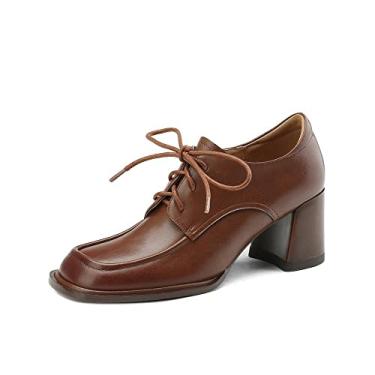 Imagem de TinaCus Sapato Oxford feminino feito à mão de couro legítimo bico quadrado salto médio bloco, Marrom, 34