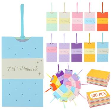 Imagem de Tenceur Pacote com 100 envelopes de dinheiro Eid Mubarak 9,4 cm x 17 cm Envelopes em relevo com suporte de dinheiro e fita de cordão para crianças Eid Al-fitr e Al-adha Decor porta-cartões de presente