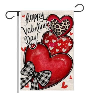 Imagem de OPULANE Feliz Dia dos Namorados Bandeira de jardim 30,5 x 45,7 cm dupla face coração amor laço bandeira decorativa exterior bandeira de serapilheira para quintal de férias decoração ao ar livre