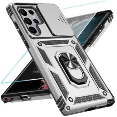 Imagem de SunStory Capa de celular para Samsung Galaxy S22 Ultra 5G com protetor de tela HD e capa de câmera deslizante e suporte de anel girado, [grau militar] [2 em 1] capa de telefone para Galaxy S22 Ultra