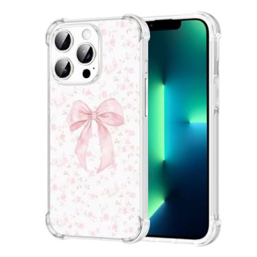 Imagem de Vulfwela Capa para iPhone 13 Pro de 6,1 polegadas com laço rosa, linda estampa de flores estéticas rosadas, capa de telefone transparente para mulheres e meninas, antiamarelamento, antiqueda, à prova