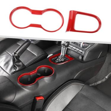 Imagem de Jimen Adequado para Ford Mustang 2015-2023, 2 peças de acabamento de porta-copo dianteiro e capa de câmbio de marchas (vermelho)