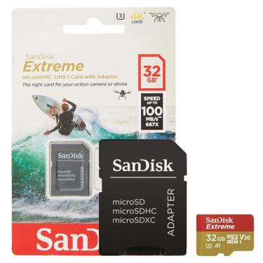 Imagem de Cartão microSDHC SanDisk Extreme 32GB U3 V30 A1 100MB/s 60MB/s 4K c/ Adaptador SD (SDSQXAF-032G-GN6AA)