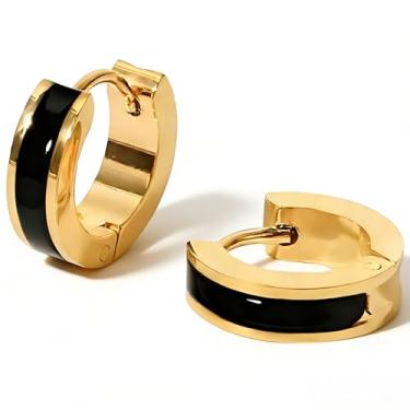Imagem de WARIDAR Brincos de argola compactos esmaltados pretos brancos, laranja-marrom em ouro 18 quilates | Brincos delicados de titânio hipoalergênico | Brincos delicados de design engenhoso para mulheres
