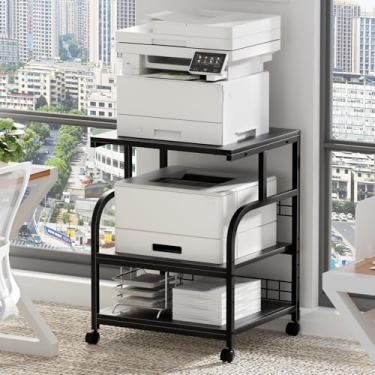 Imagem de Lerliuo Suporte de impressora grande com armazenamento, 50 cm L x 45 cm P x 76 cm A, 5 alturas de prateleira ajustáveis, mesa móvel de 3 níveis com rodas bloqueáveis, carrinho de impressora rolante