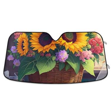 Imagem de Cesta personalizada girassóis flores carro para-sol para-brisa universal dobrável auto carro sombra para para-brisa dianteiro impressão animal L, 144.8 cm x 80.0 cm