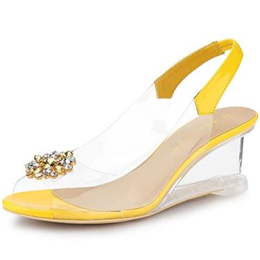 Imagem de Allegra K Salto peep toe transparente feminino com tira traseira e strass, Amarelo, 6