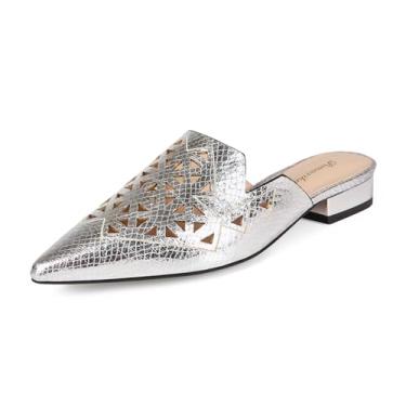 Imagem de Pomoxikn Sapatos femininos de salto baixo sem costas nuas, sem fecho, bico fino, malha mules para mulheres, Prata, 35