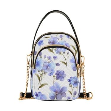 Imagem de Margaridas em bolsas transversais femininas xadrez azul e branco, bolsa tiracolo moderna com alça removível, Flores azuis em aquarela em branco - 2, One Size