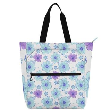 Imagem de GAIGEO Sacola feminina floral azul claro com flores roxas para trabalho, lona, escola, bolsa de livros, bolsas infantis fofas para amantes de livros