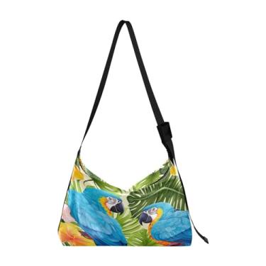 Imagem de Bolsa de ombro de parede pintada de branco e azul, bolsa feminina Hobo, bolsa de couro grande transversal, Papagaios em folhas e flores de palmeira - 1, One Size