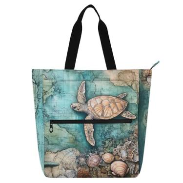 Imagem de Sacola feminina com pintura de estrela do mar tartaruga oceânica, bolsa de tecido de lona, faculdade, escola, viagem, livros, presentes