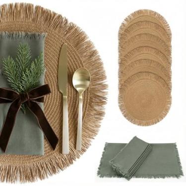 Imagem de Lindo conjunto de 6 jogos americanos e guardanapos Boho – Decoração de mesa feita à mão de algodão, serapilheira e palha para sala de jantar, cozinha ou mesas estilo fazenda