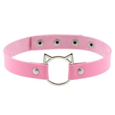 Imagem de AKOAK Pacote com 1 gargantilha de couro em forma de gato, corrente macia de poliuretano, gargantilhas de couro PU gótico ajustável, colar gargantilha punk de gato para mulheres - rosa