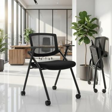 Imagem de [Pacote com 2] Cadeiras empilháveis para salas de conferência com rodas e pá - Malha ergonômica traseira e braços para reuniões e escritório em casa cadeiras dobráveis 2 peças (preto)