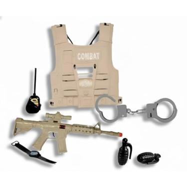 Imagem de Kit Militar Infantil Alpha Force com Colete, Fuzil de Brinquedo, Rádio, Algemas, 2 Granadas e Relógio Tático - Kit Diversão Garantida