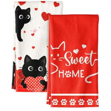 Imagem de Miss Adola Conjunto de 2 toalhas de cozinha para o Dia dos Namorados - Toalhas de chá com saco de farinha com laço para pendurar 45 x 66 cm, panos de prato de mão para casa doces corações vermelhos