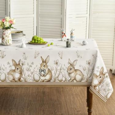 Imagem de Horaldaily Toalha de mesa retangular de Páscoa, 152 x 264 cm, coelhinhos, cenoura, ovo de Páscoa, anêmona, listras, laço, marrom, lavável, capa de mesa sazonal para decoração de festa, piquenique
