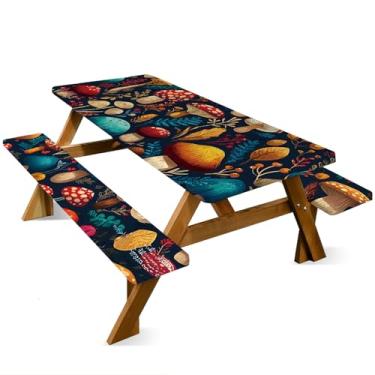 Imagem de ANNA QUEEN Conjunto de capa de mesa de piquenique de boneco de neve de Natal de 1,8 m com capas de banco, 3 peças, 183 x 76 cm, proteção de móveis para banco e toalha de mesa (cogumelos)