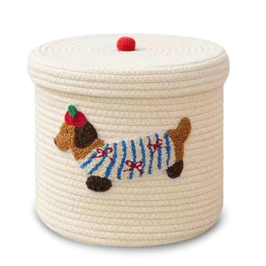 Imagem de Cesto de armazenamento de corda de algodão fofo com tampa, cesto de armazenamento de tecido de 25 x 25 cm, organizador de brinquedos à prova de poeira de grande capacidade, cesto decorativo para sala