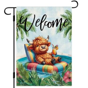 Imagem de DLZDN Bandeira de verão highland vaca jardim 30,5 x 45,7 cm dupla face vertical serapilheira praia piscina fazenda quintal placa sazonal decoração ao ar livre
