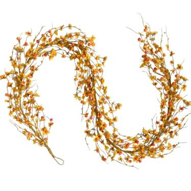 Imagem de Egolot Guirlanda de frutas laranjas de outono de 178 cm para porta da frente, guirlanda de flores amarelas de outono para ambientes internos e externos, guirlandas de decoração de porta da frente de