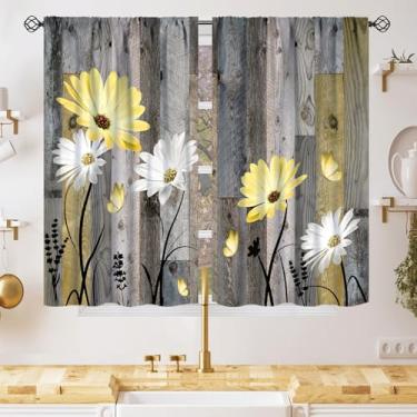 Imagem de Cortinas de cozinha florais vintage primavera para sala de jantar quarto sala de estar decoração de férias cortinas de janela, cortinas de madeira rústica flor amarela margarida, 2 painéis 42 x 45