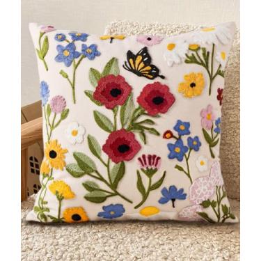 Imagem de Kokaaee Capas de almofada bordadas 50 x 50 cm - Capa de almofada decorativa boho de verão com zíper para sala de estar, sofá, cama, design estético, retrô, flor, linho, fronha