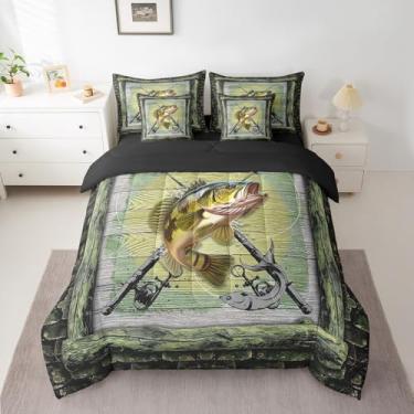 Imagem de Feelyou Jogo de cama solteiro de pesca e caça, 7 peças, decoração de cama de peixe lúcio em um saco, conjunto de cama de peixe grande de robalo, inclui edredom, conjunto de lençóis, fronhas de madeira