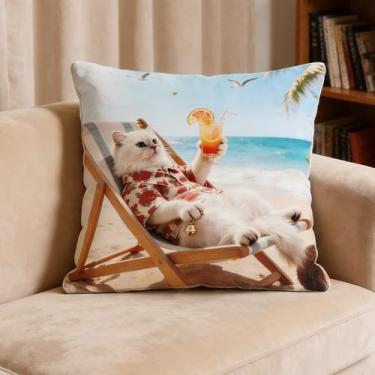 Imagem de Capas de almofada, 43 cm x 43 cm, decoração de capa de almofada xadrez de linho com padrões de gato, fronhas quadradas com zíper para sofá (estilo 5)