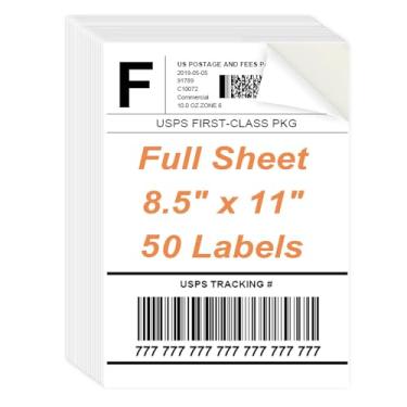 Imagem de Etiquetas de folha inteira, 21,6 cm x 28 cm - 50 folhas, etiquetas de página inteira, papel adesivo branco imprimível para impressoras a laser/jato de tinta - fosco, tamanho carta
