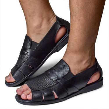 Imagem de Sandália Masculina Couro Conforto Salto Baixo Preto Casual - Granado, 