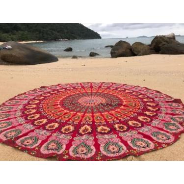 Imagem de raajsee Tapeçaria de praia redonda vermelha hippie/boho cobertor de praia mandala/manta de algodão indiano - toalha de mesa redonda/decoração de casa/tapete independente tapete de ioga meditação