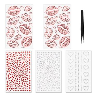 Imagem de Adesivos Faciais Autocolantes com Pinça, Strass Vermelho para Lábios Adesivos de Strass Maquiagem Olhos Cabelo e Corpo Acessórios de Joias Beijos em Festivais para Mulheres e Crianças