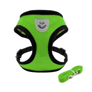 Imagem de Coleira Peitoral Com Guia para Cães E Gatos Colete Respirável Regulável (Verde com preto,GG)