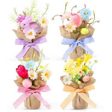 Imagem de 4 peças de decoração de mesa de centro de Páscoa, mini arranjo artificial de plantas em vasos de Páscoa com flores, ovos e coelhos para primavera, casa, mesa, casa de fazenda, decoração de festa