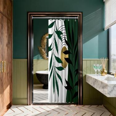 Imagem de DLTAY Cortina de chuveiro verde-oliva e dourada, conjunto de cortinas de chuveiro boho modernas de meados do século para decoração de banheiro, tecido impermeável com ganchos, 91 cm L x 182 cm C